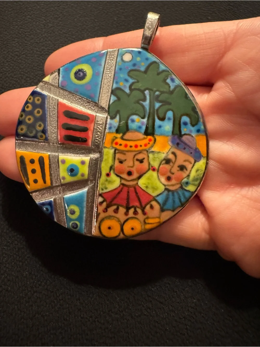 Large Handmade Ceramic Folk Art Pendant Colorful Mosaic Women Palm Trees
